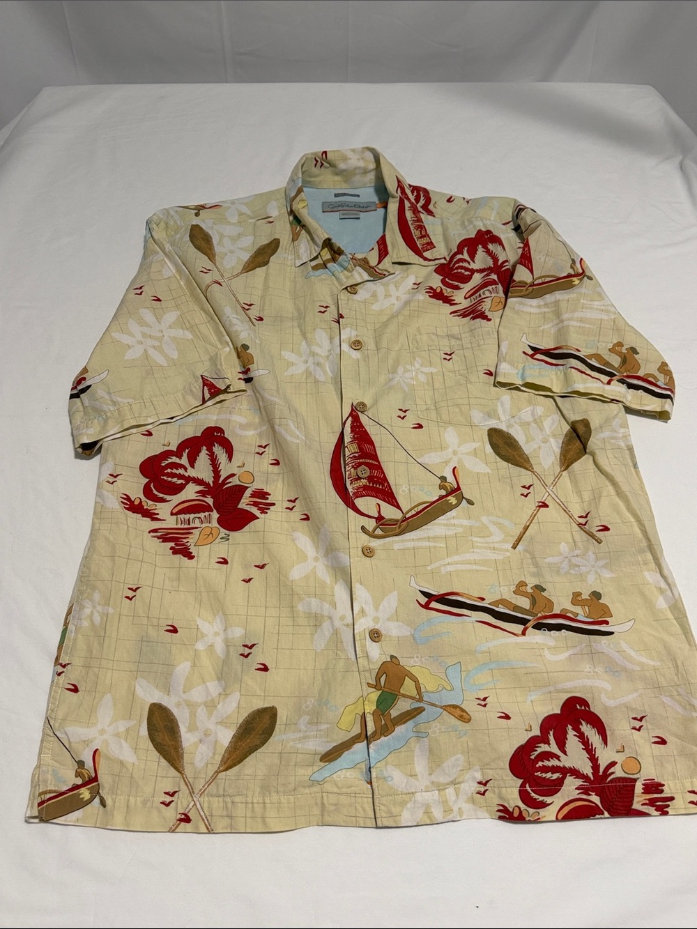 Quiksilver Men's M Short-Sleeve Aloha Camp Shirt Surfer, Paddler, Sailboat Theme